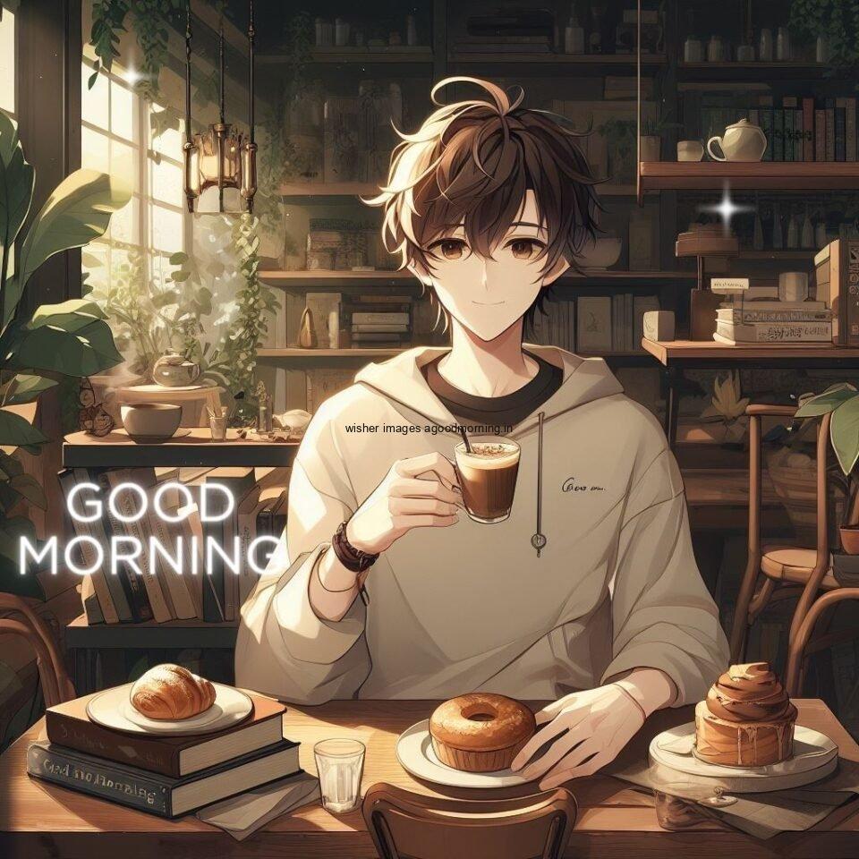 grey dress wearing the anime boy and seating in the bed take coffee sunlight comes from the window with good morning love image