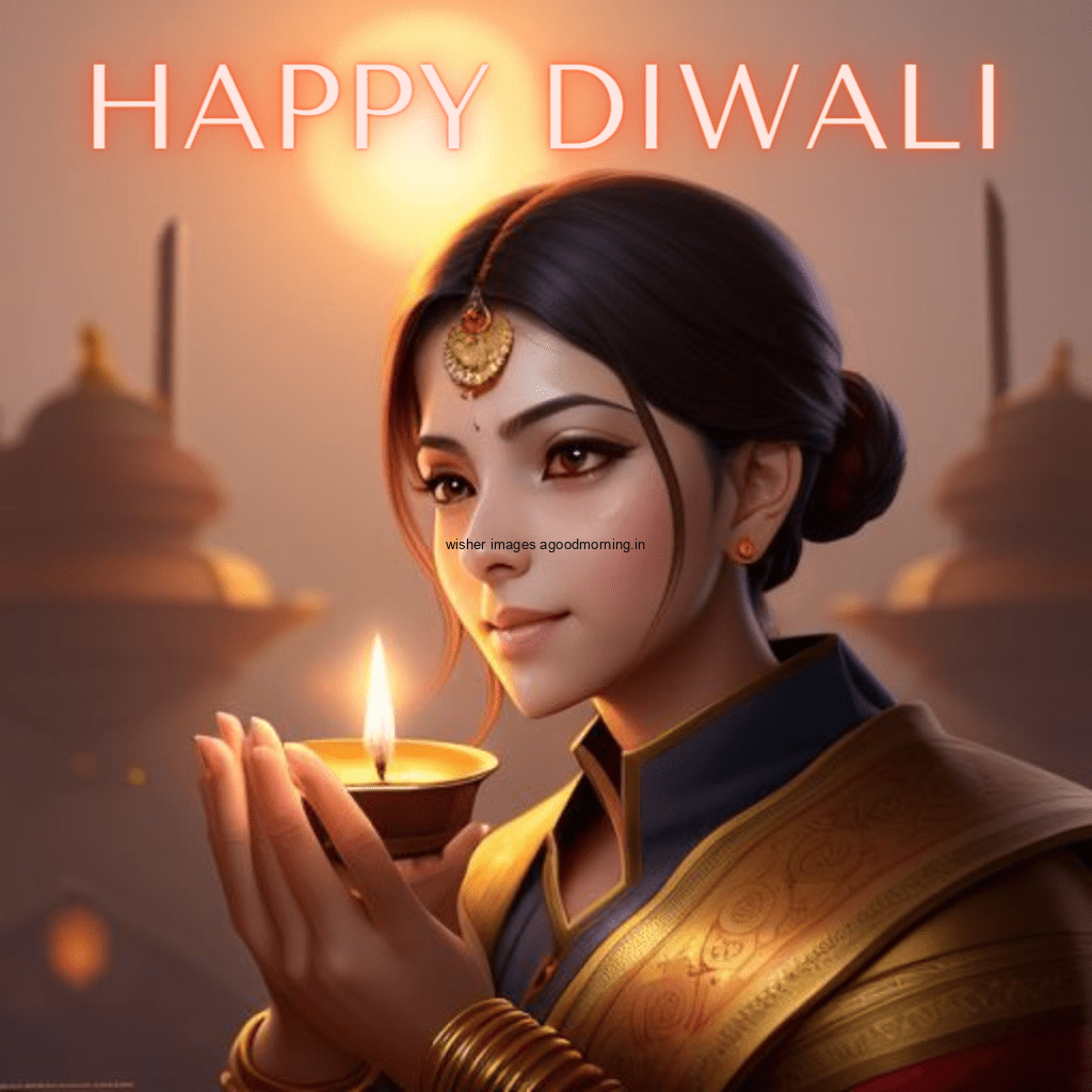 happy diwali image cute girl behind the girl sun is placed celebrate the Diwali hole festival beautiful big diya in the middle on the table