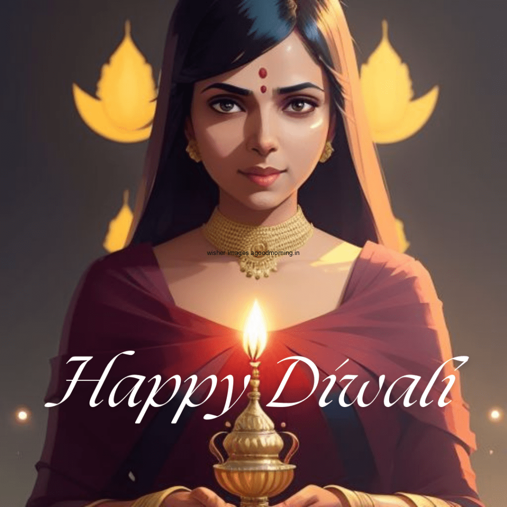 happy diwali image cute girl waring the red dress celebrate the Diwali hole festival beautiful big diya in the middle on the table