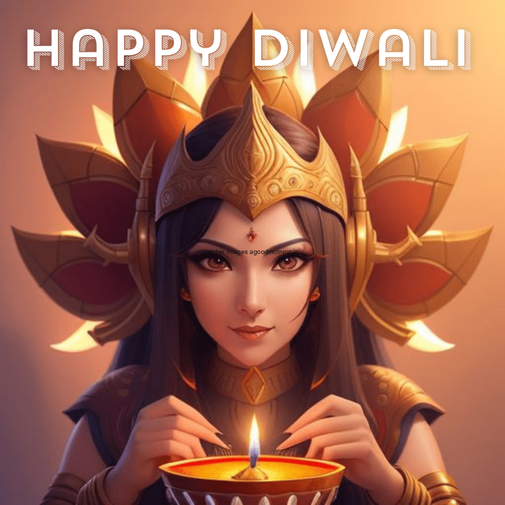 happy diwali image cute girl wearing the golden crown celebrate the diwali hole fastivel beautiful big diya in the middle on the table