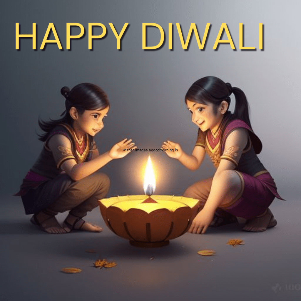 happy diwali image two cute girl celebrate the diwali hole fastivel beautiful big diya in the middle on the table