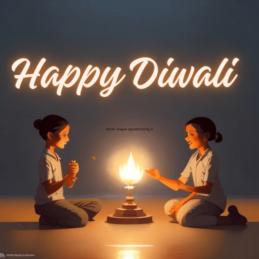 happy diwali image two cute girl celebrate the diwali talk with each other hole fastivel beautiful big diya in the middle on the table