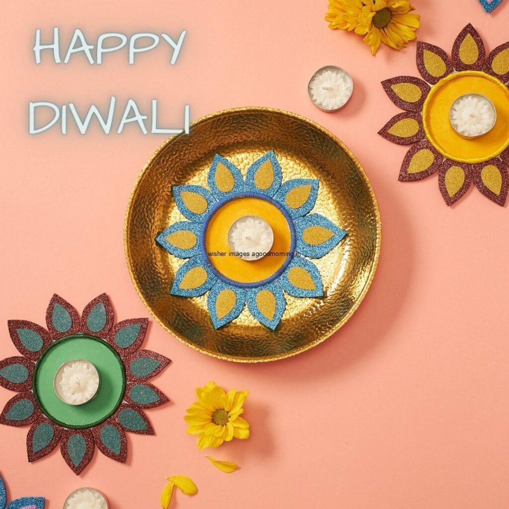 light pink background with colourful diya with flowers happy diwali image