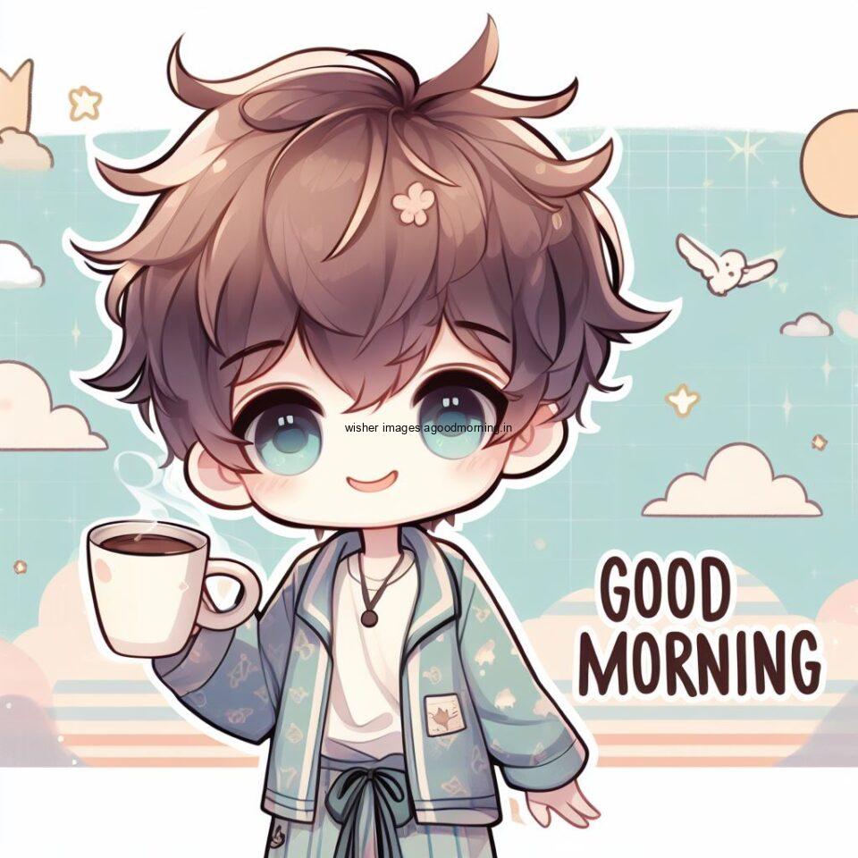 little blue dress wearing the anime boy and standing in the bed take coffee with good morning love image