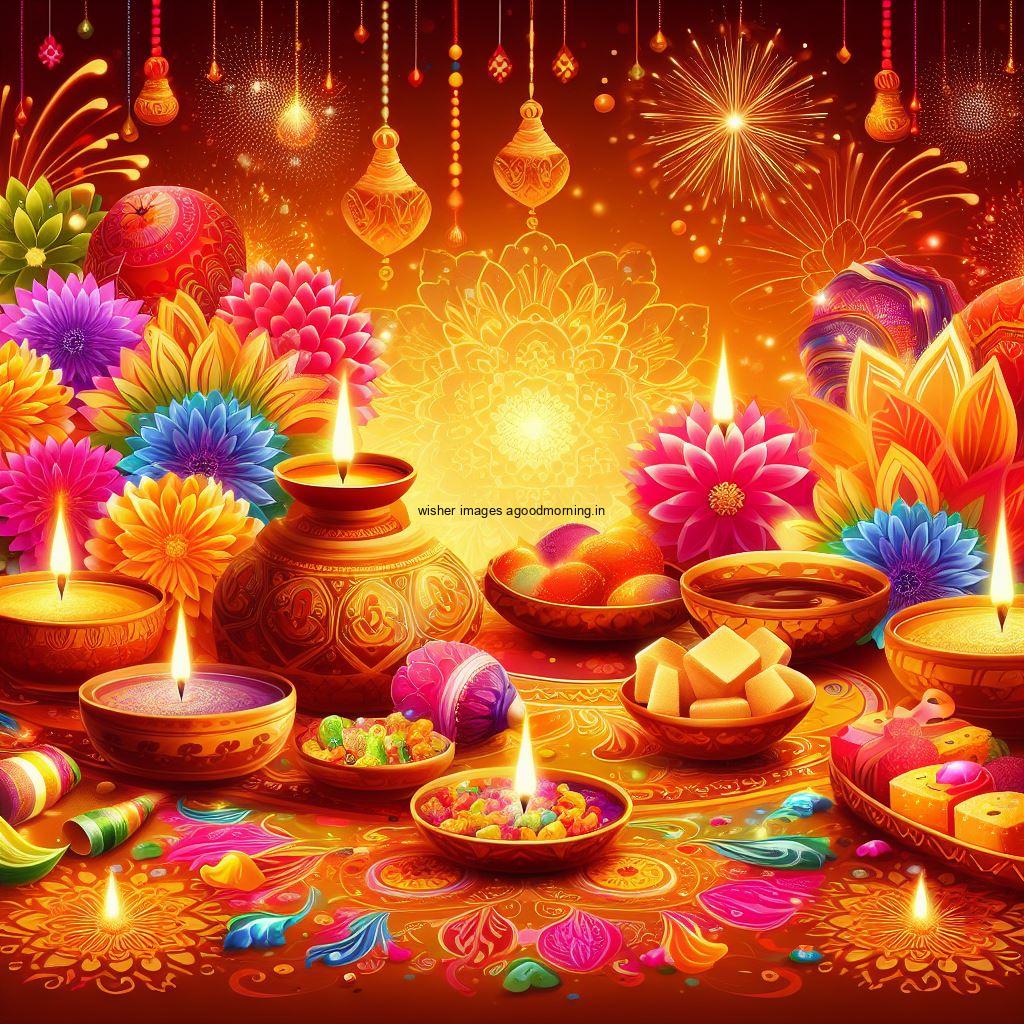 many diya with beautiful background with many flowers happy diwali image