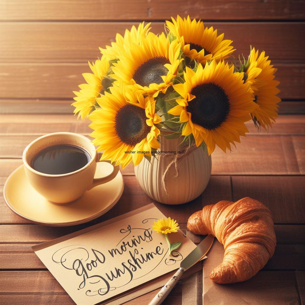 many sunflower in the jar with coffee good morning image with good morning my love placed on note