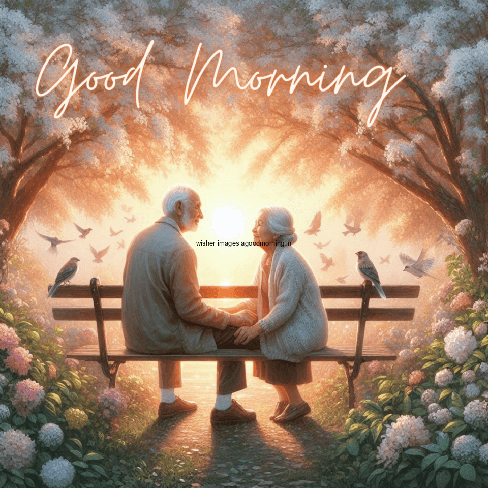 old couple seating in the table behind the couple sun is rise good morning love images nuture