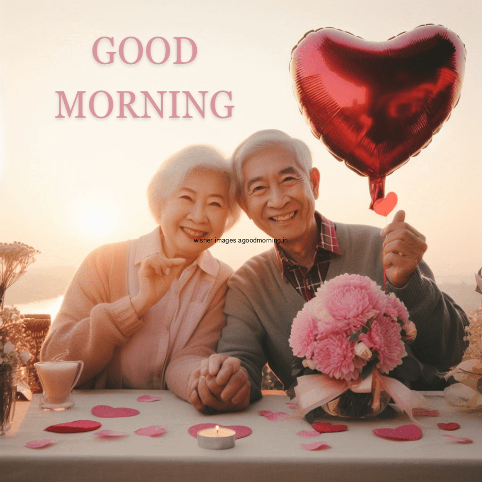 old couple seating in the table behind the couple sun is rise good morning love images pink rose with red heart