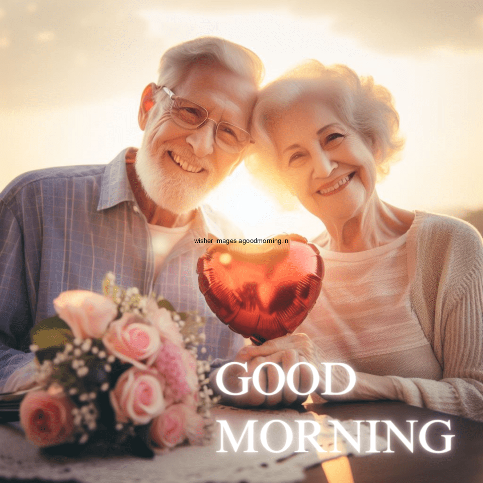 old couple seating in the table behind the couple sun is rise good morning love images white text