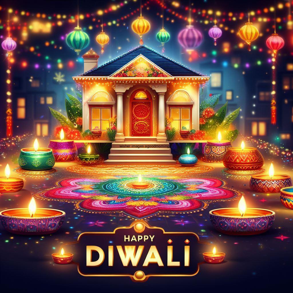 outside the house with many diya and beauitful rangloi happy diwali image purple background