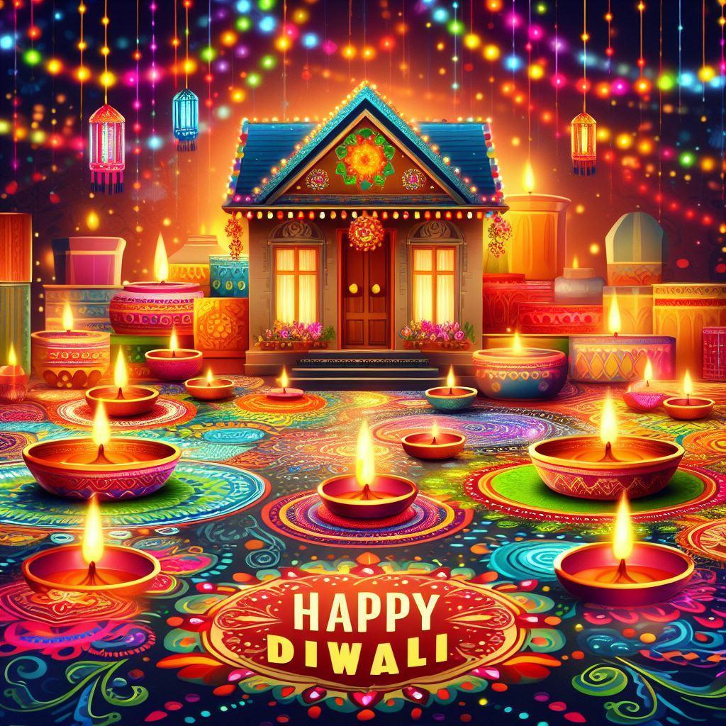 outside the house with many diya and beauitful rangloi happy diwali image