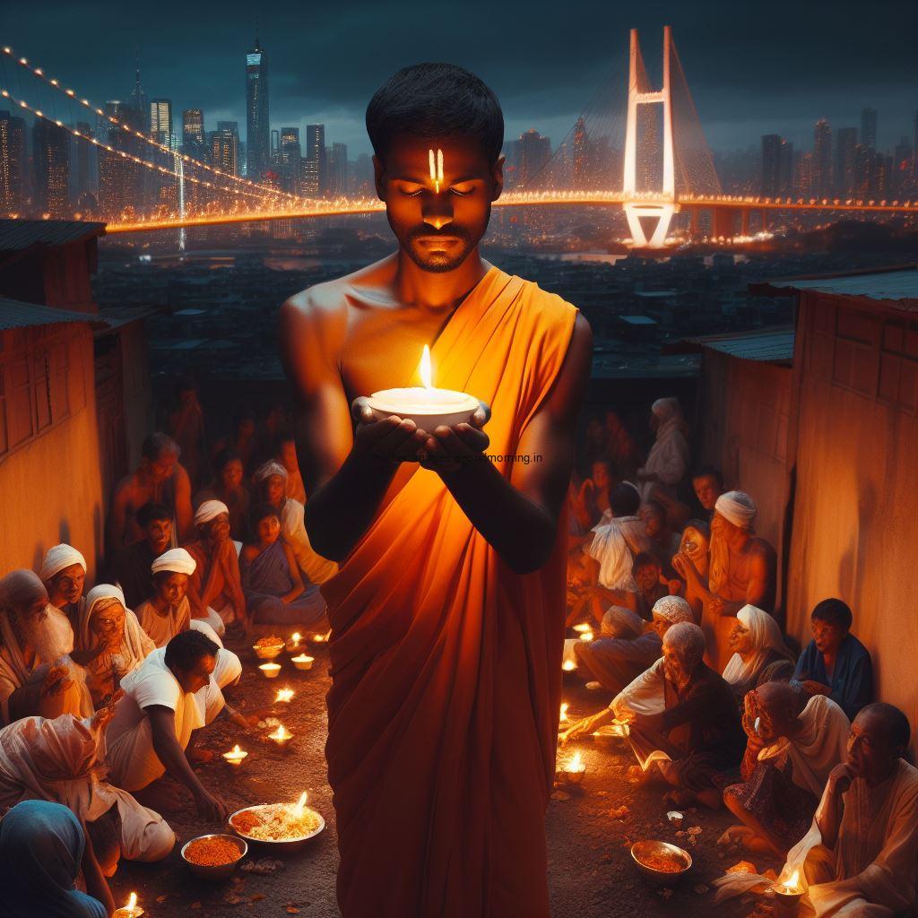 pandit hold the diya behind the pandit people eat food and celebrate the diwali image happy diwali image