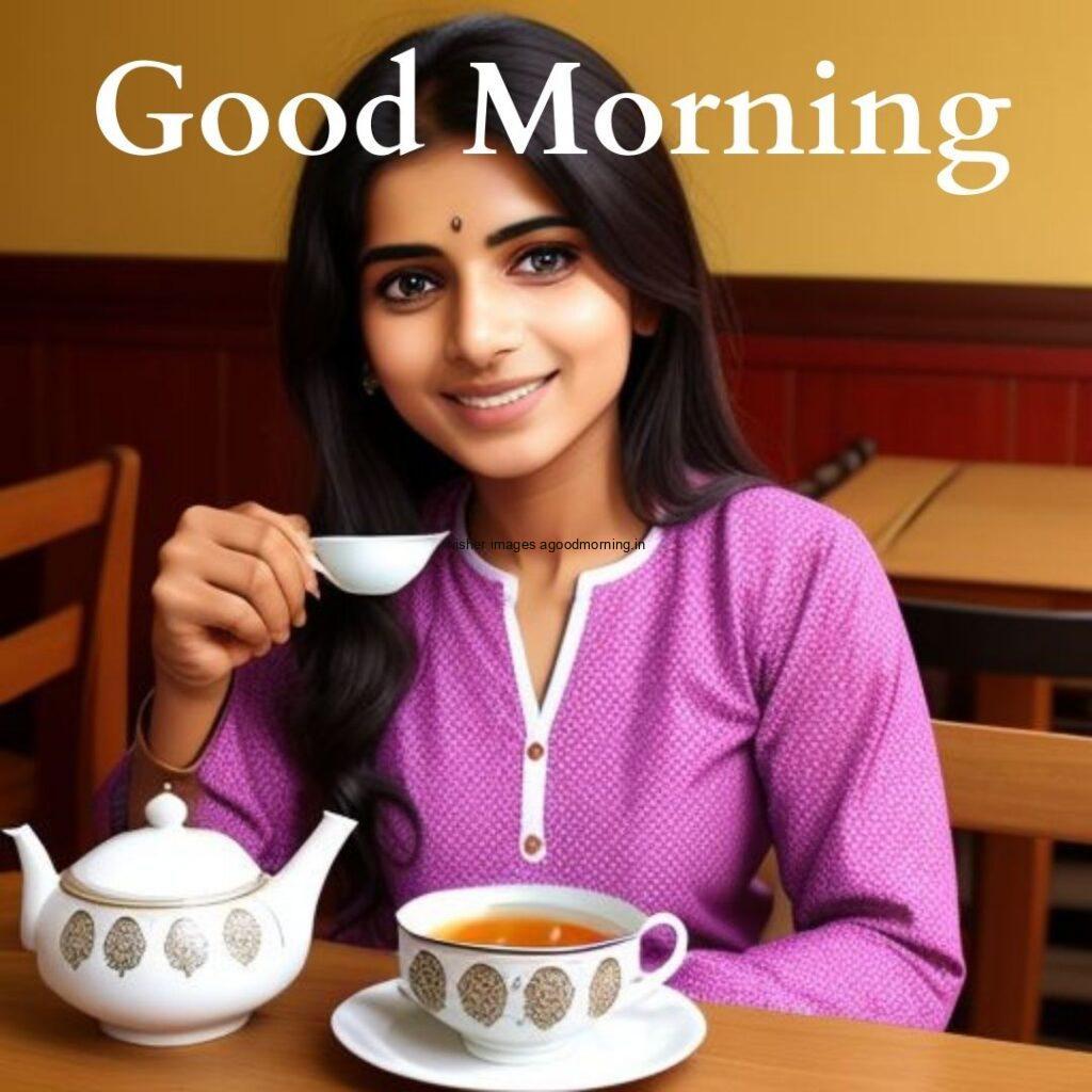 purple dress is wearing Cute girl hold the cup in the table good morning images