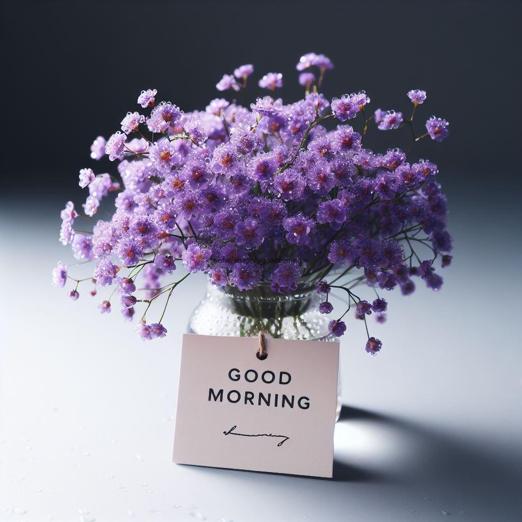 purple flowers with grey background good morning image with good morning my love placed on note