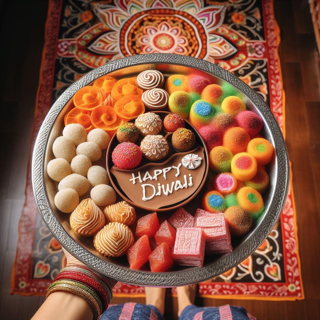 rangloi behind the sweet plate in the hand with rangloi happy diwali image placed in the middle