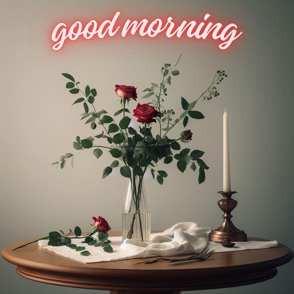 rose in vase on the table with grey background good morning image orange