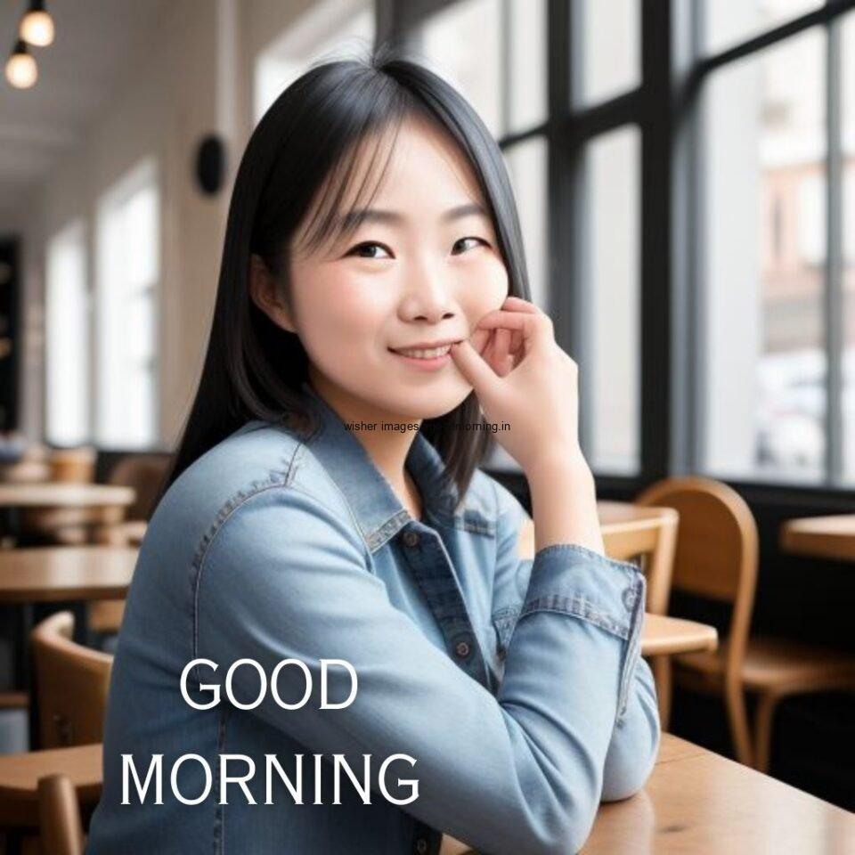 side way cute girl seating in table and smile jeans dress wearing standing in the cafe with cute eyes Hd good morning images