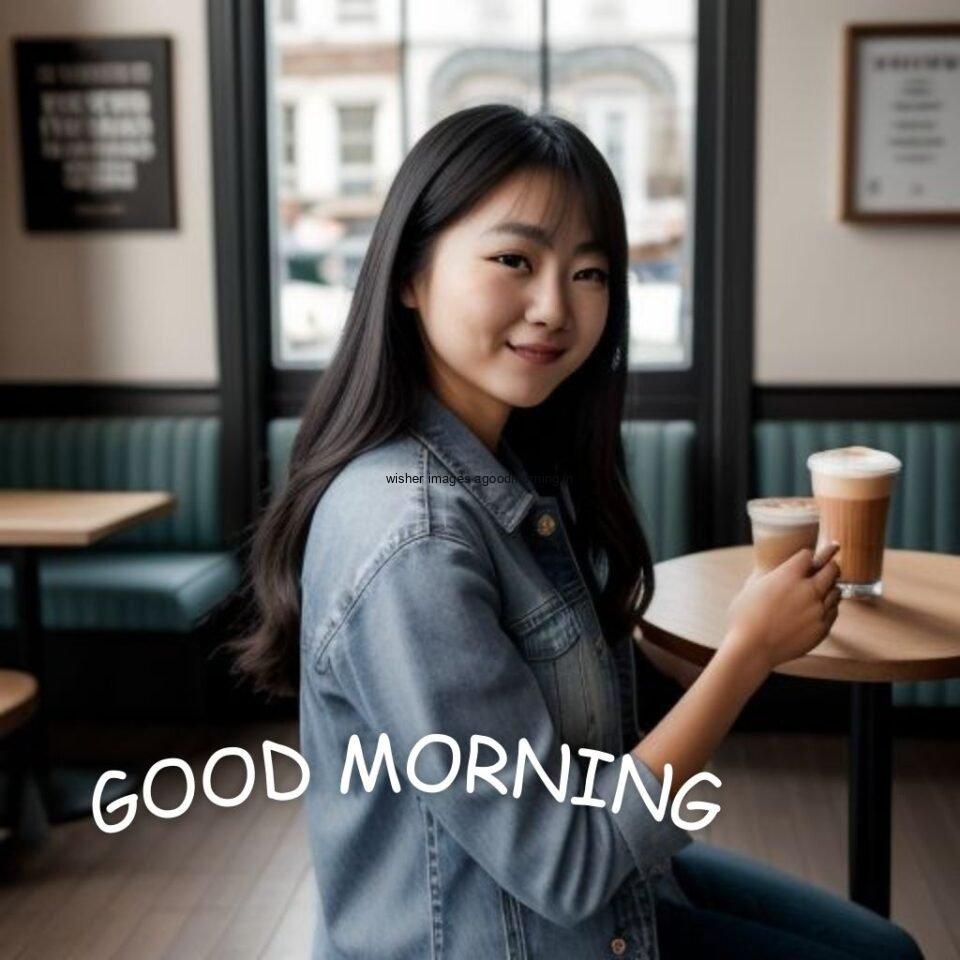 side way pos cute girl seating in table and smile jeans dress wearing standing in the cafe with cute eyes Hd good morning images