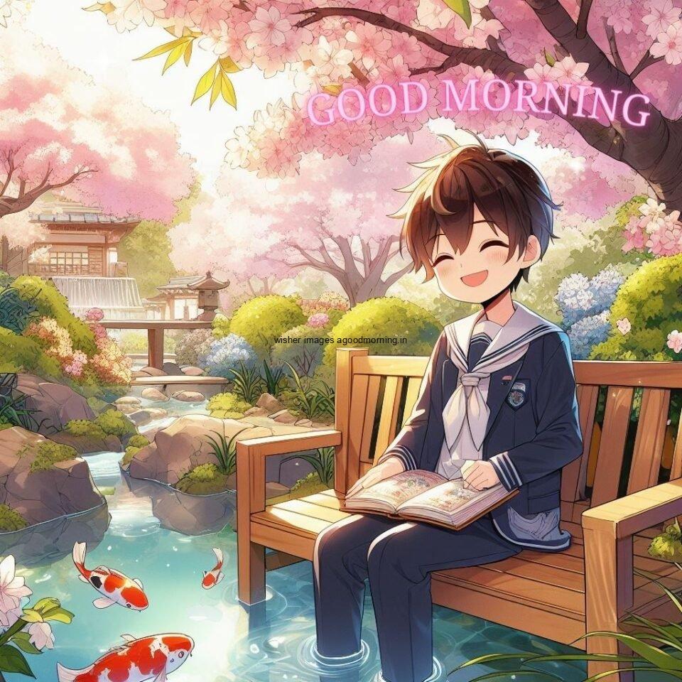 sky blue background with pink flowes anime boy seating on the table with book good morning love images