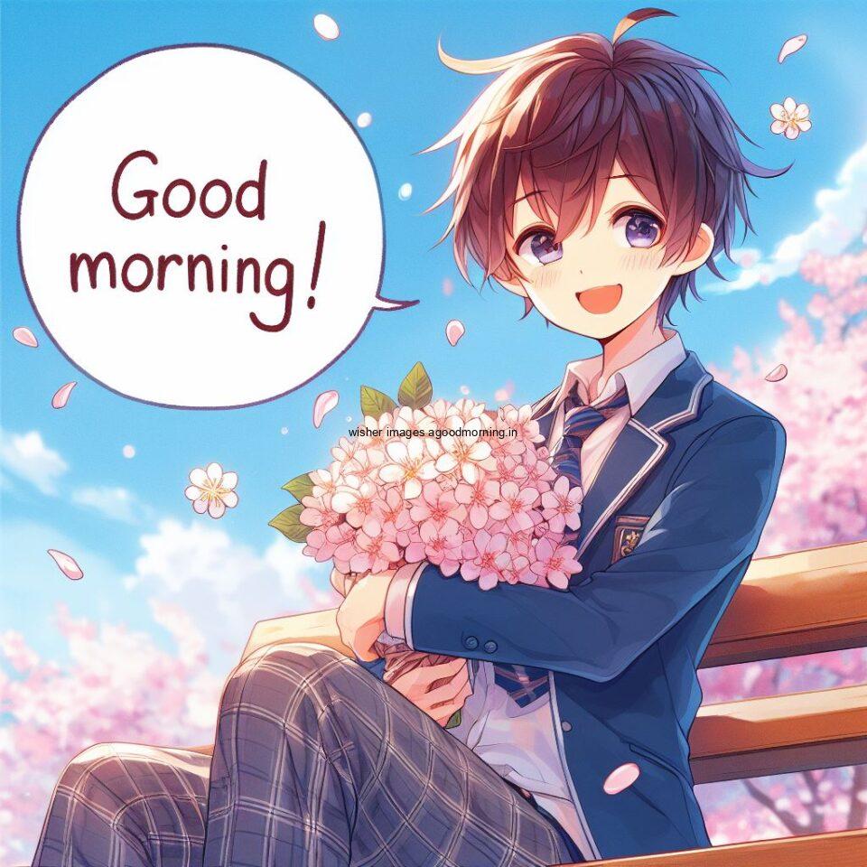 sky blue background with pink flowes anime boy seating on the table with flowers good morning love image