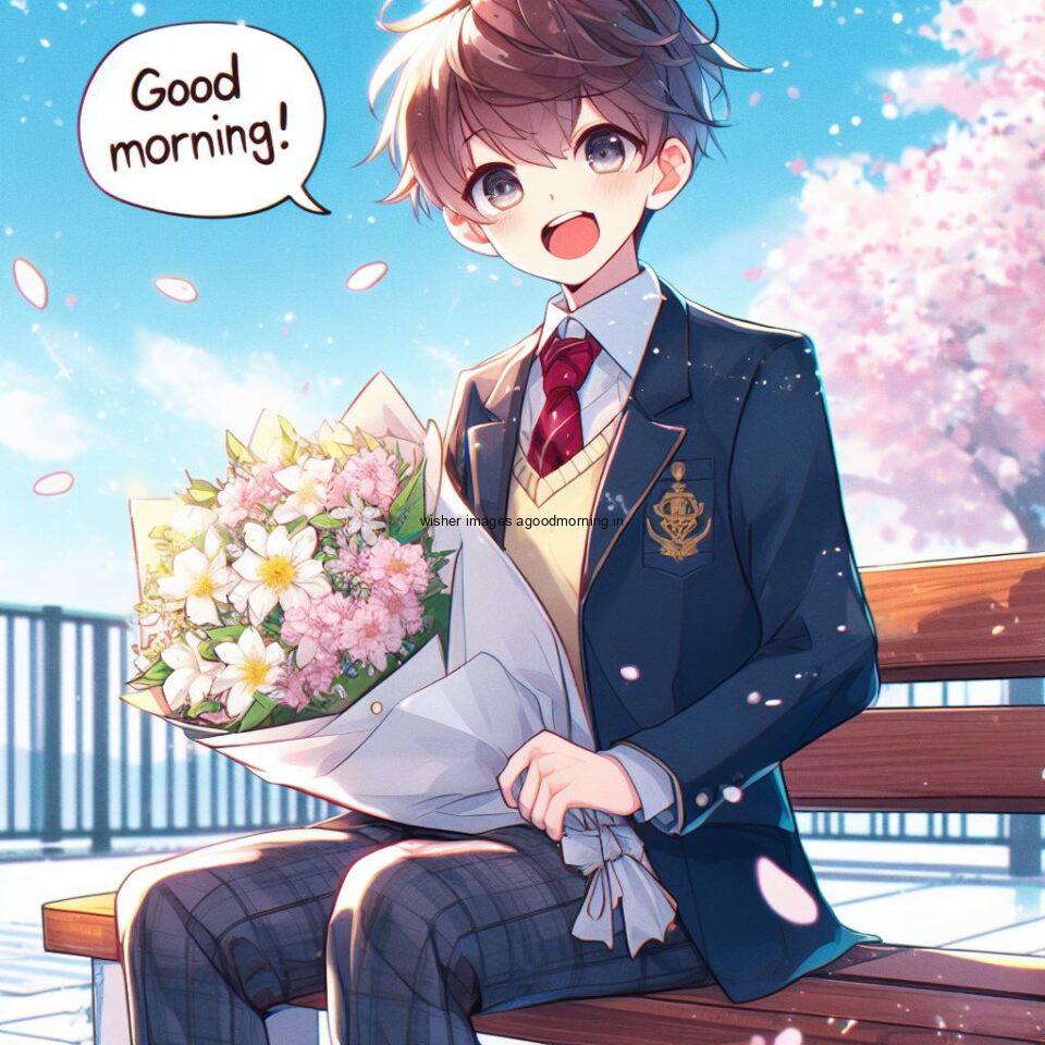 sky blue background with pink flowes anime boy seating on the table with flowers good morning love images