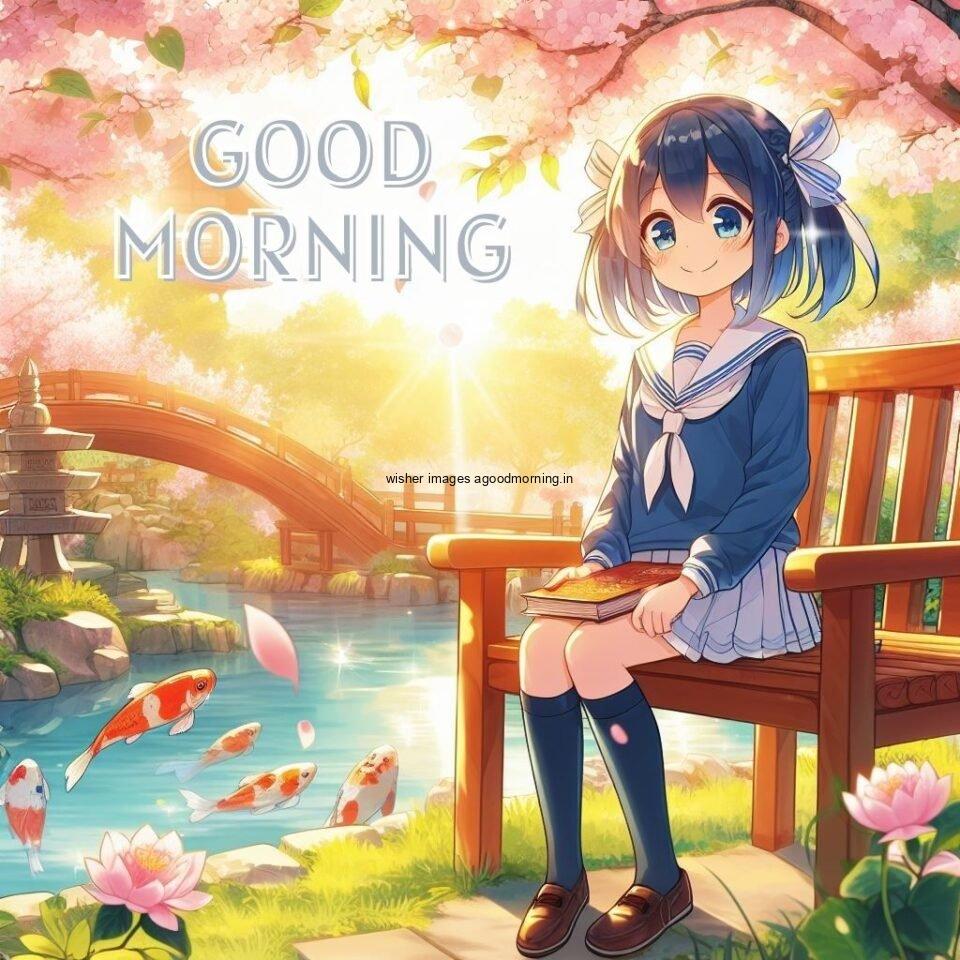 sky blue background with pink flowes anime girl seating on the table with flowers good morning love images