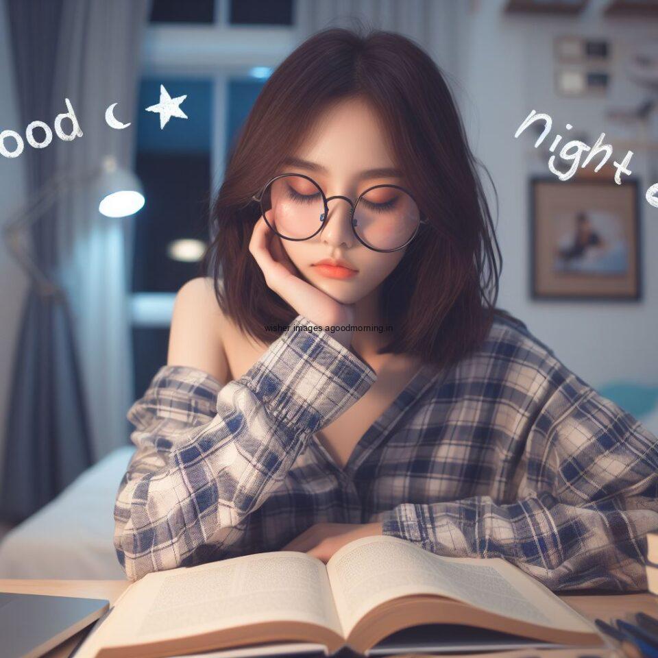 smart girl reading the book and seating on chair table in the night good night images