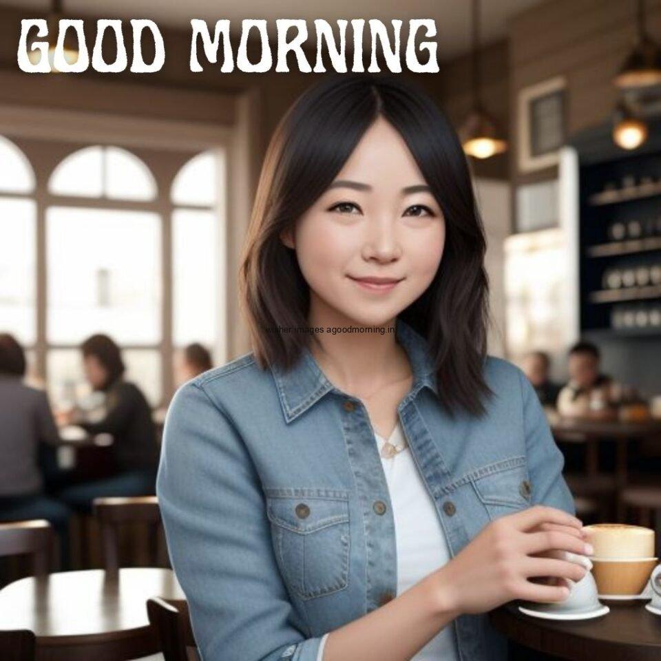 smiling cute girl seating in table and smile jeans dress wearing standing in the cafe with cute eyes Hd good morning images