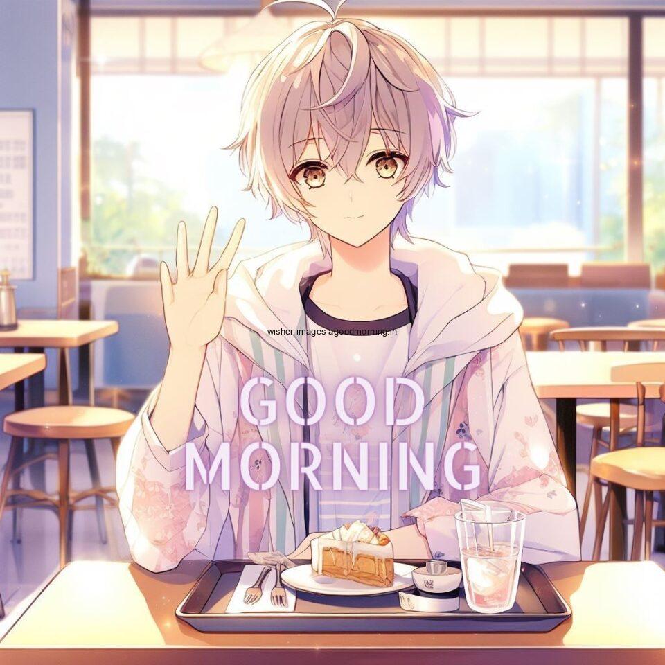 smoke white dress wearing the anime boy and seating in the bed take coffee sunlight comes from the window with good morning love image