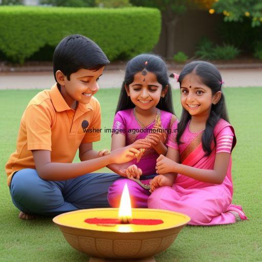 three friend seating together with brown background very big diya happy diwali images