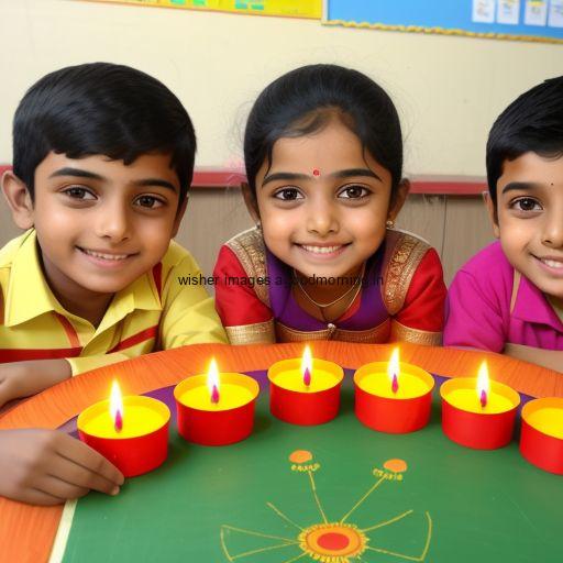 three friends seating together with brown background big diya happy diwali images