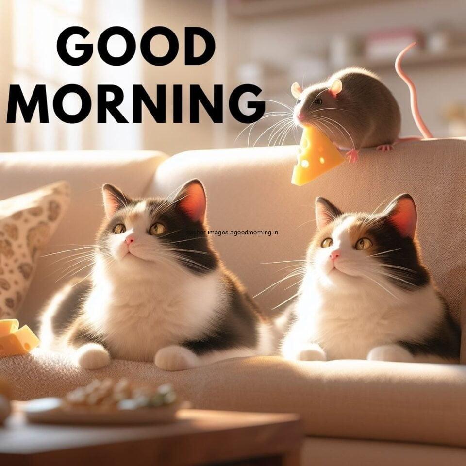 two black and white cats with mouse seating on the shoofa hd good morning images placed