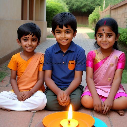 two boys with girl seating together with brown background big diya happy diwali images