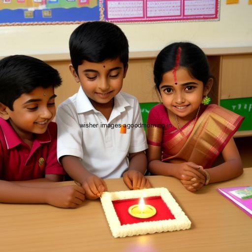 two boys with one girl friend seating together with brown background big diya happy diwali images