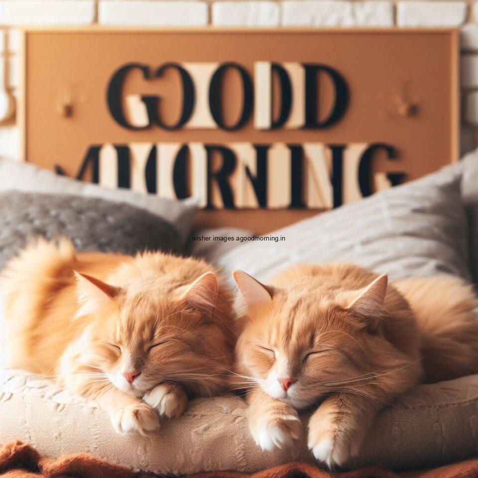 two brown cats sleep together HD good morning image grey pillow