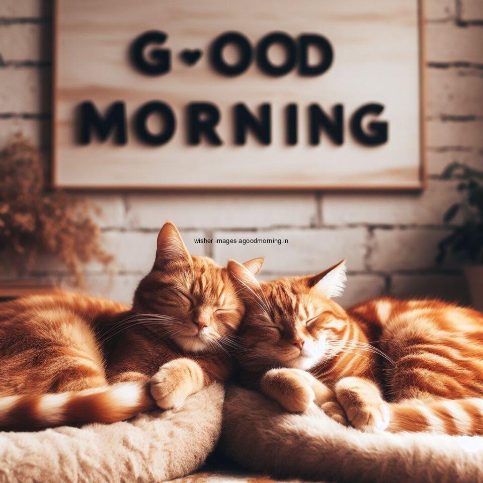 two brown cats sleep together in teh bed HD good morning image