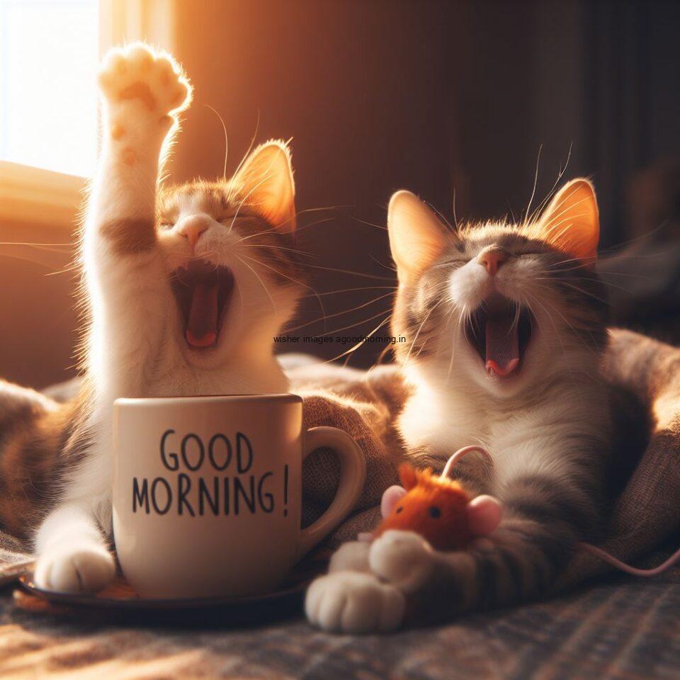 two brown cats sleep together with cup HD good morning image