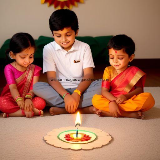 two girl and one boy seating together with brown background big diya happy diwali images