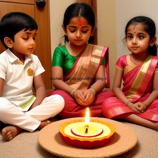 two girl with one boy seating together with brown background big diya happy diwali images