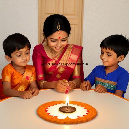 two girls with boy seating together with brown background big diya happy diwali images