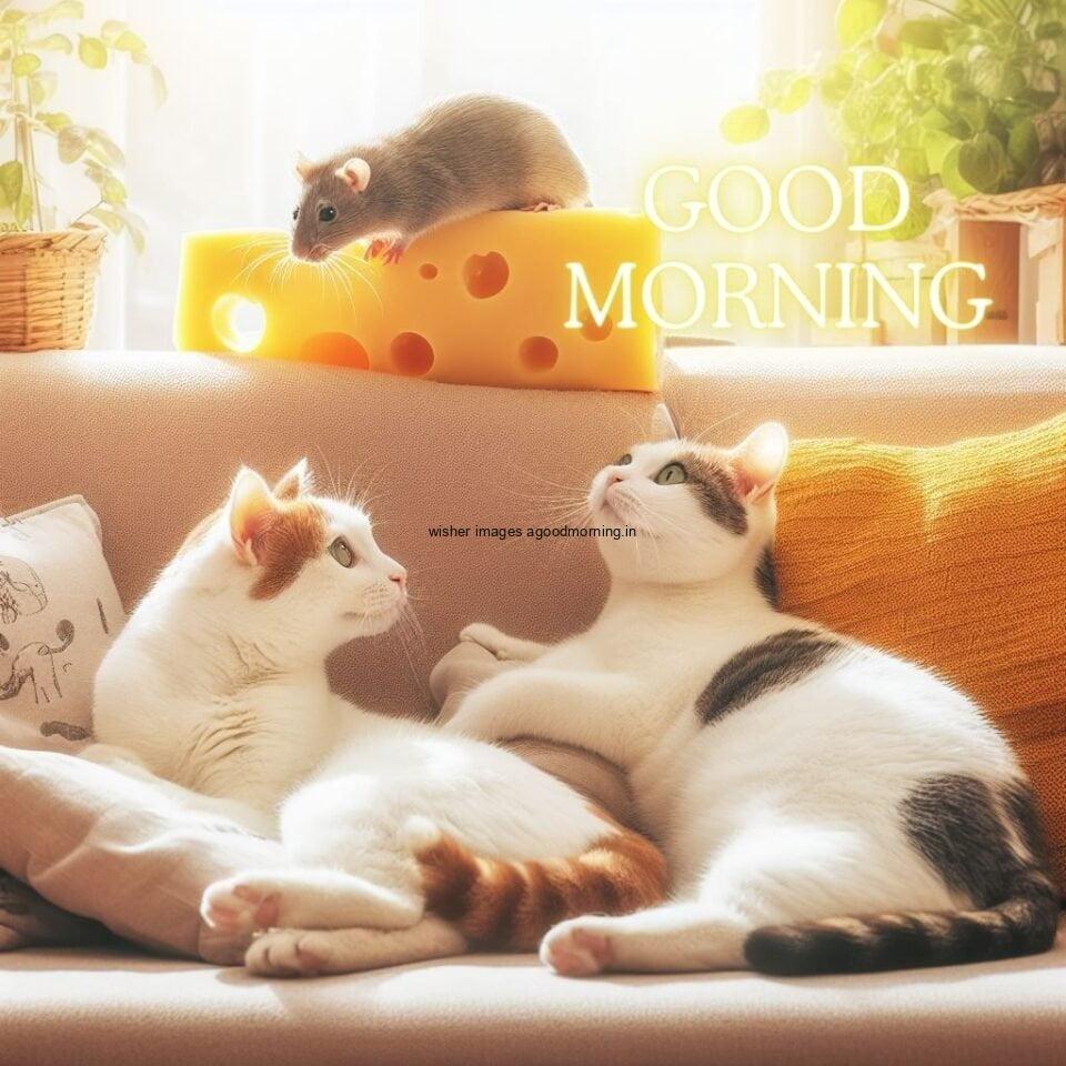 two white cats with mouse seating on the shoofa hd good morning images placed