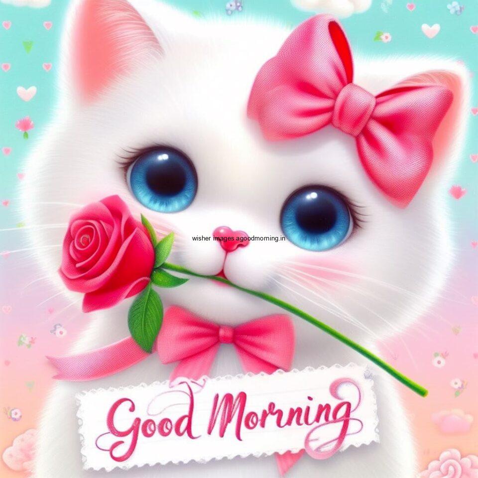 white cat hold the rose behind the cat beauitful background good morning images