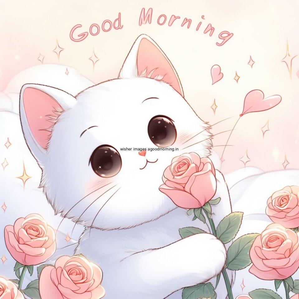 white cat hold the rose behind the cat beauitful background with many rose good morning images