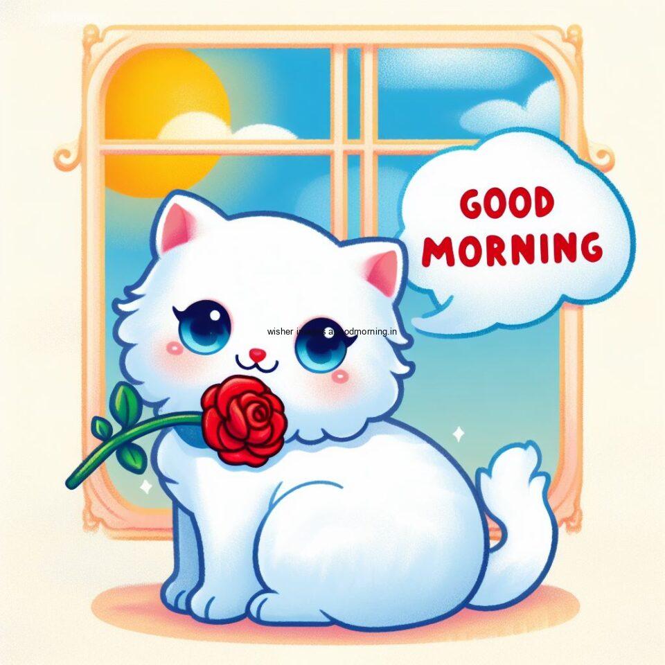 white cat hold the rose behind the cat beauitful background with yellow sun and cloud good morning images