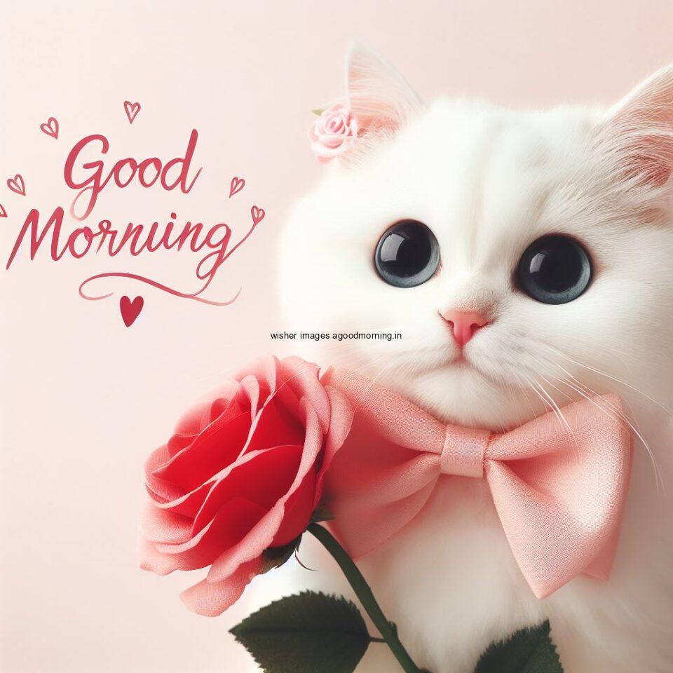 white cat with big eyes seating on table with flower in the pot hd good morning image