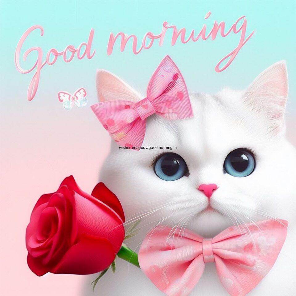 white cat with pink bow hold the rose behind the cat beauitful background good morning images