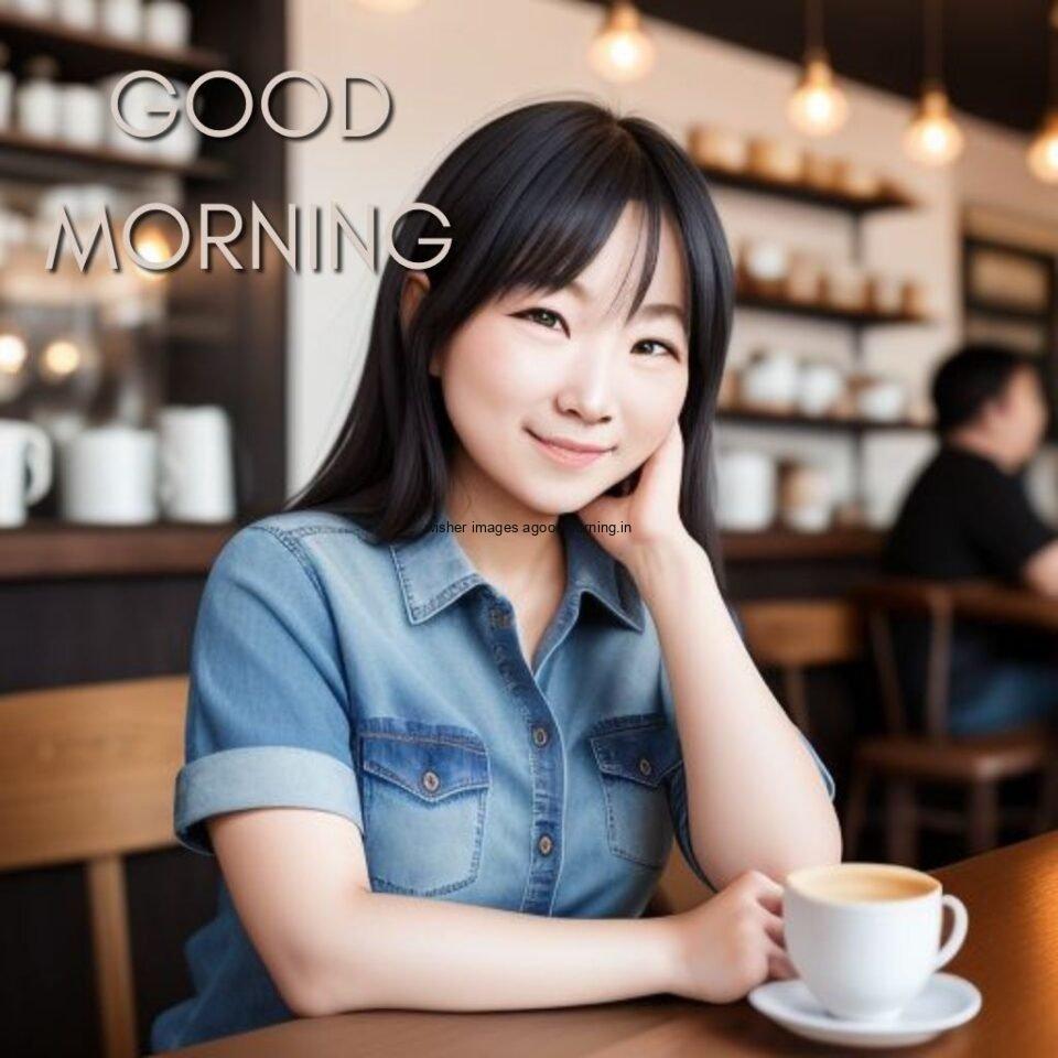 white cute girl seating in table and smile jeans dress wearing standing in the cafe with cute eyes Hd good morning images