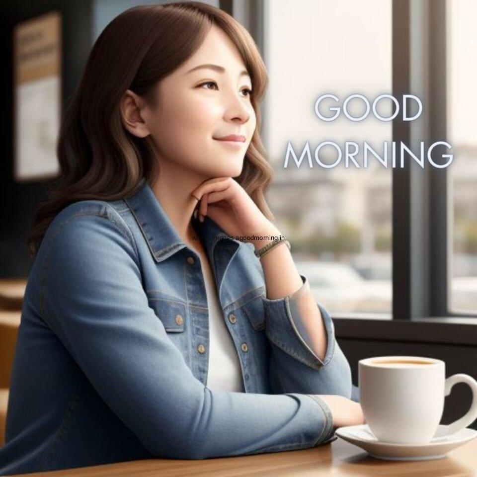 white cute girl seating in table and smile jeans dress wearing standing in the cafe with cute eyes background cafe Hd good morning images