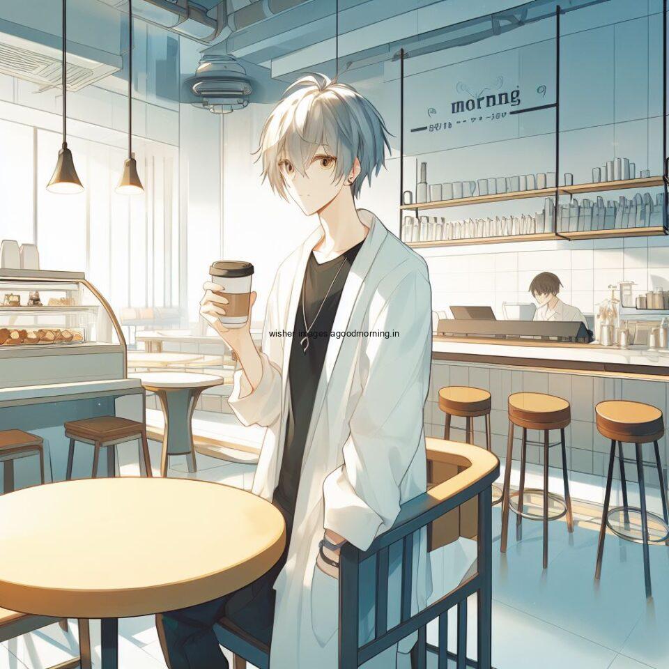 white dress wearing the anime boy and seating in the bed take coffee sunlight comes from the window with good morning love image