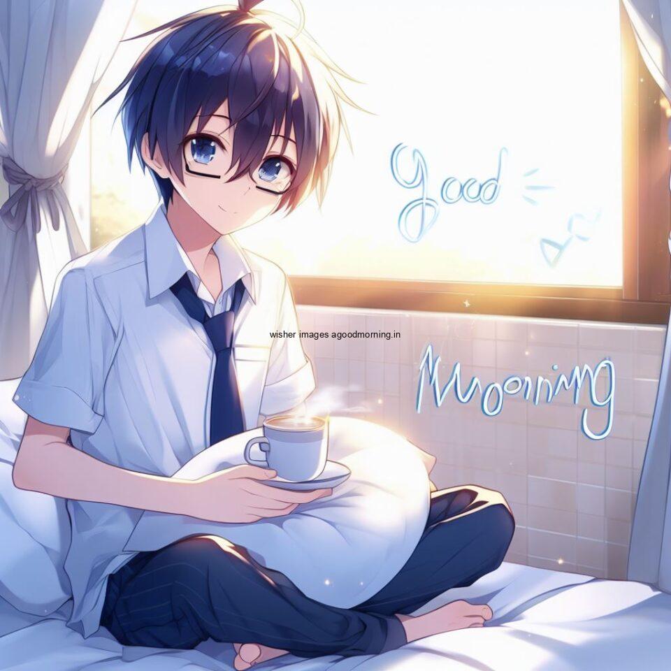 white dress wearing the anime boy and seating in the bed take coffee with good morning love image